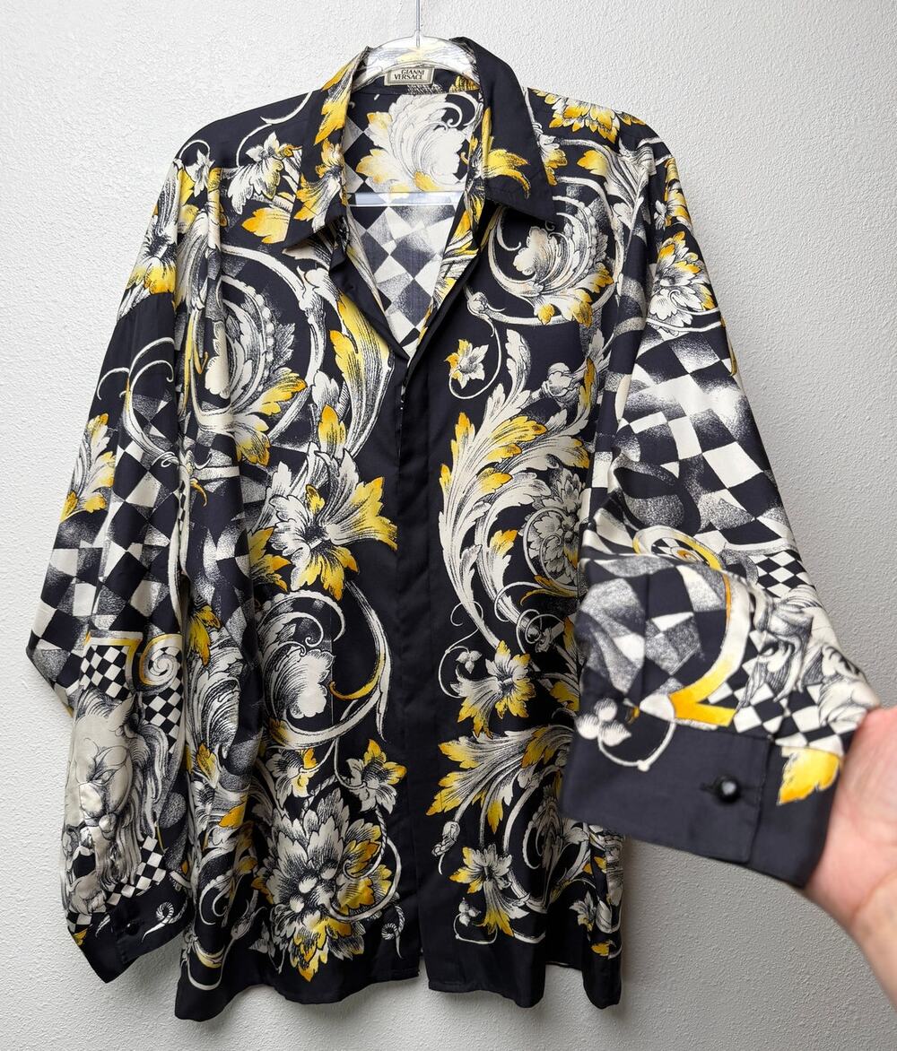 Vintage Gianni Versace Il Leone Barocco Lion Silk Shirt Black Yellow Men's XL